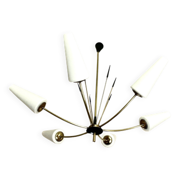 Large chandelier with 6 opaline tulip shades and 6 anthracite points, 1950