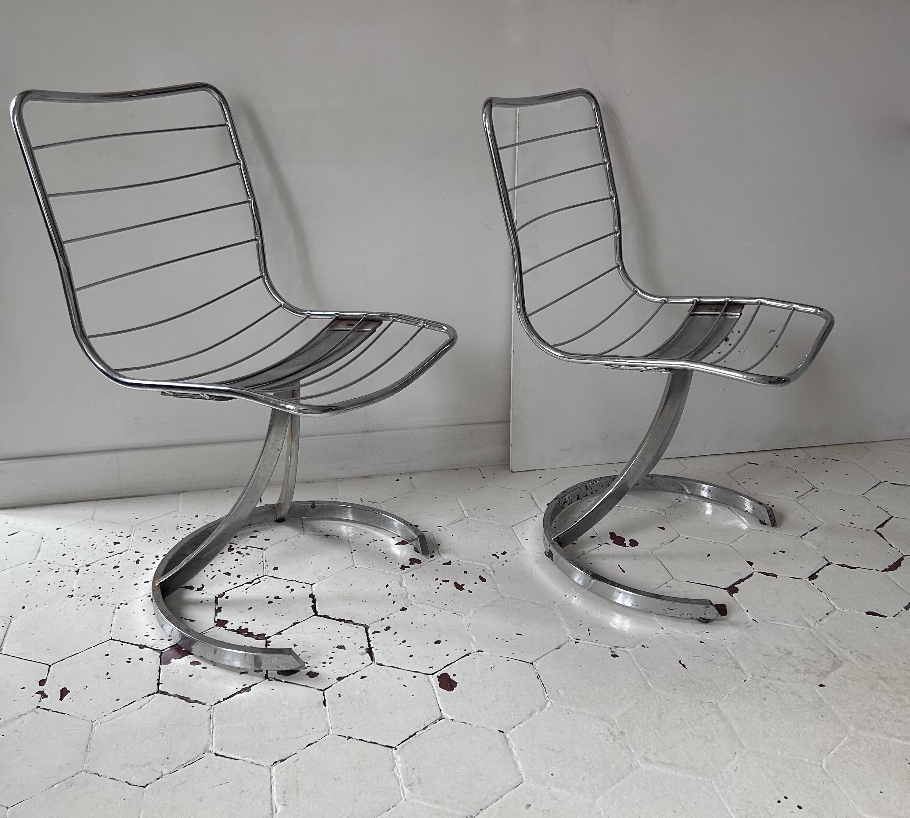 Set of 4 vintage chairs, chromed metal, France 1970