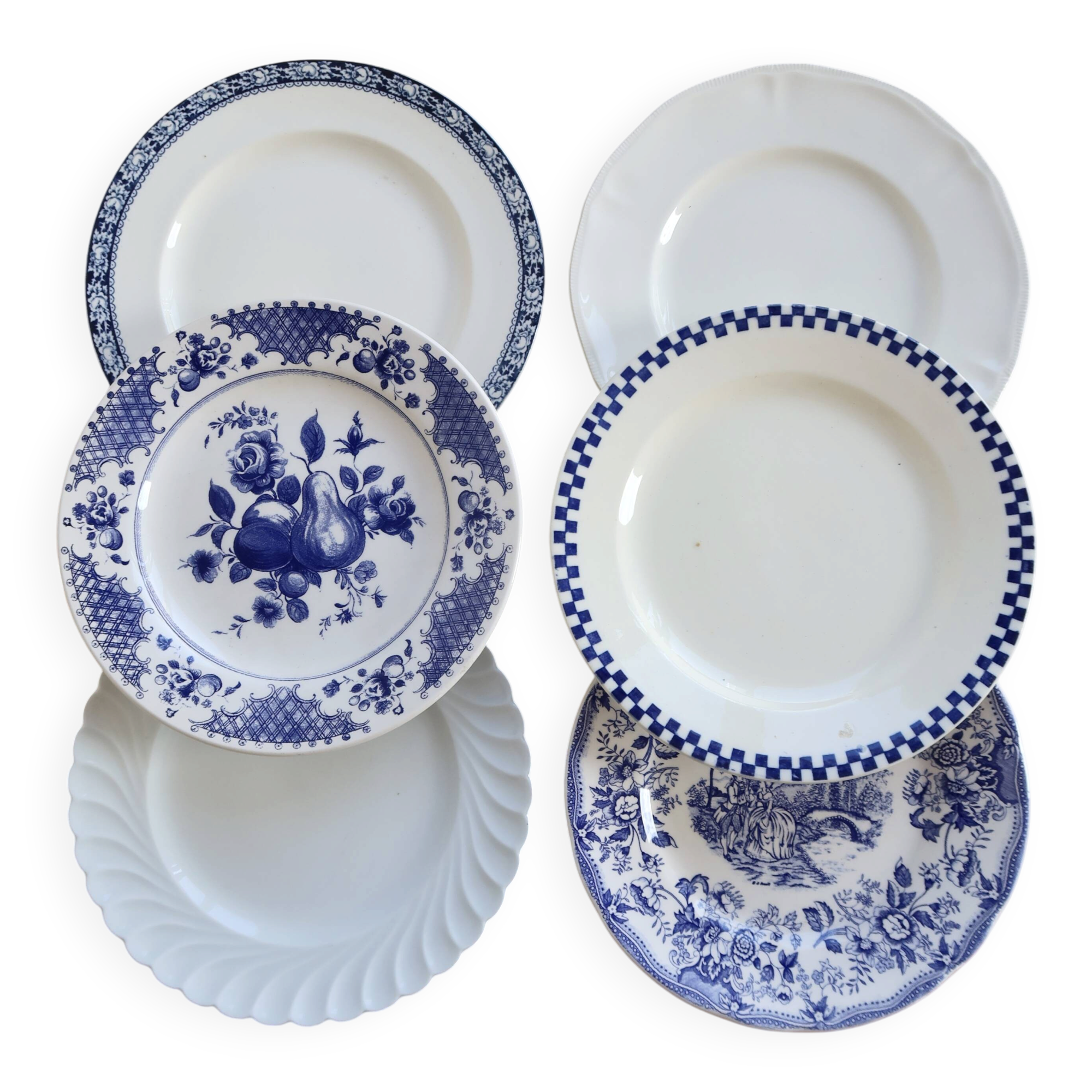 6 mismatched antique blue and white dinner plates – earthenware, porcelain