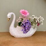 Vintage swan pot cover in white and gold ceramic