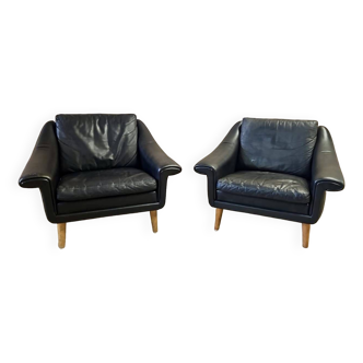 Pair of Danish vintage black leather armchairs by Aage Christiansen 1960s