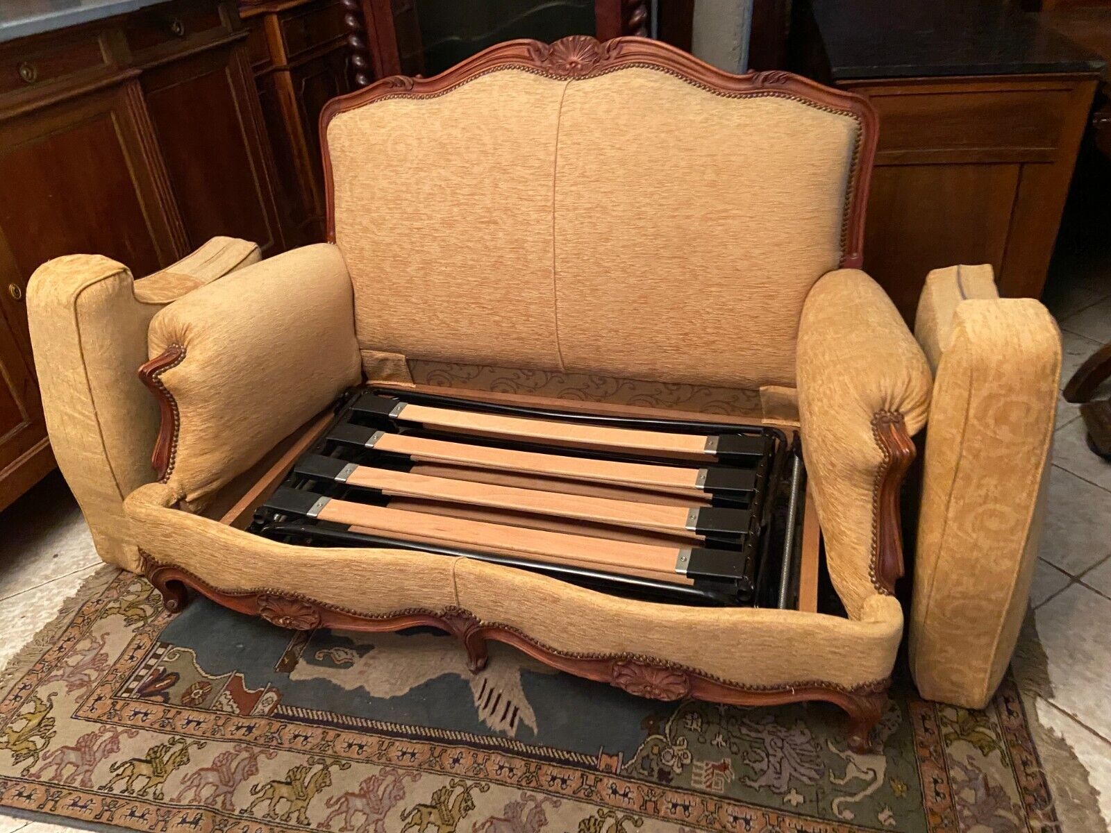 Sofa 2 places convertible sleeping 90x190 cherry Louis XV yellow velvet