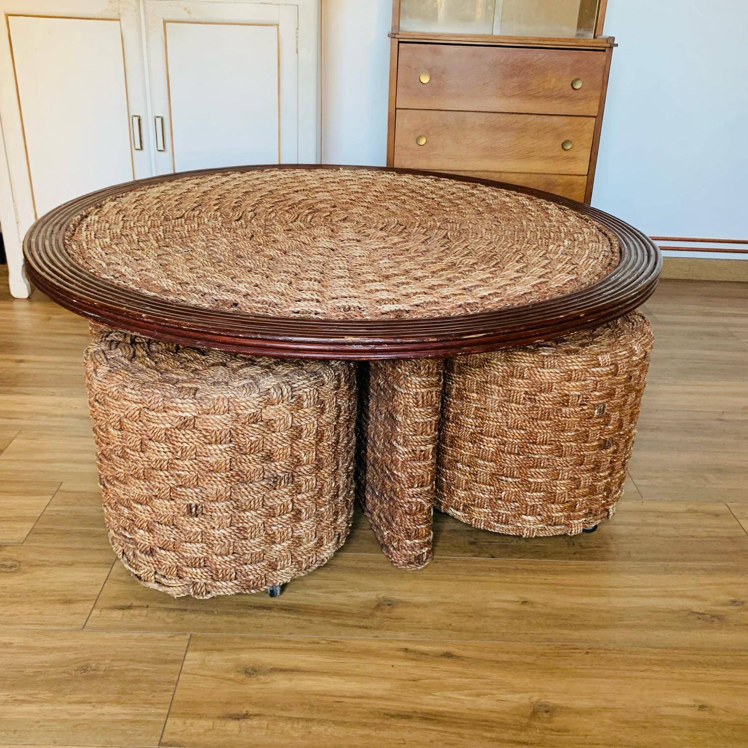Vintage woven rope and rattan coffee table with 4 stools