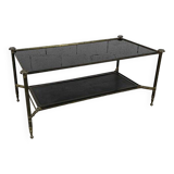 Table basse en laiton, verre et cuir des années 50