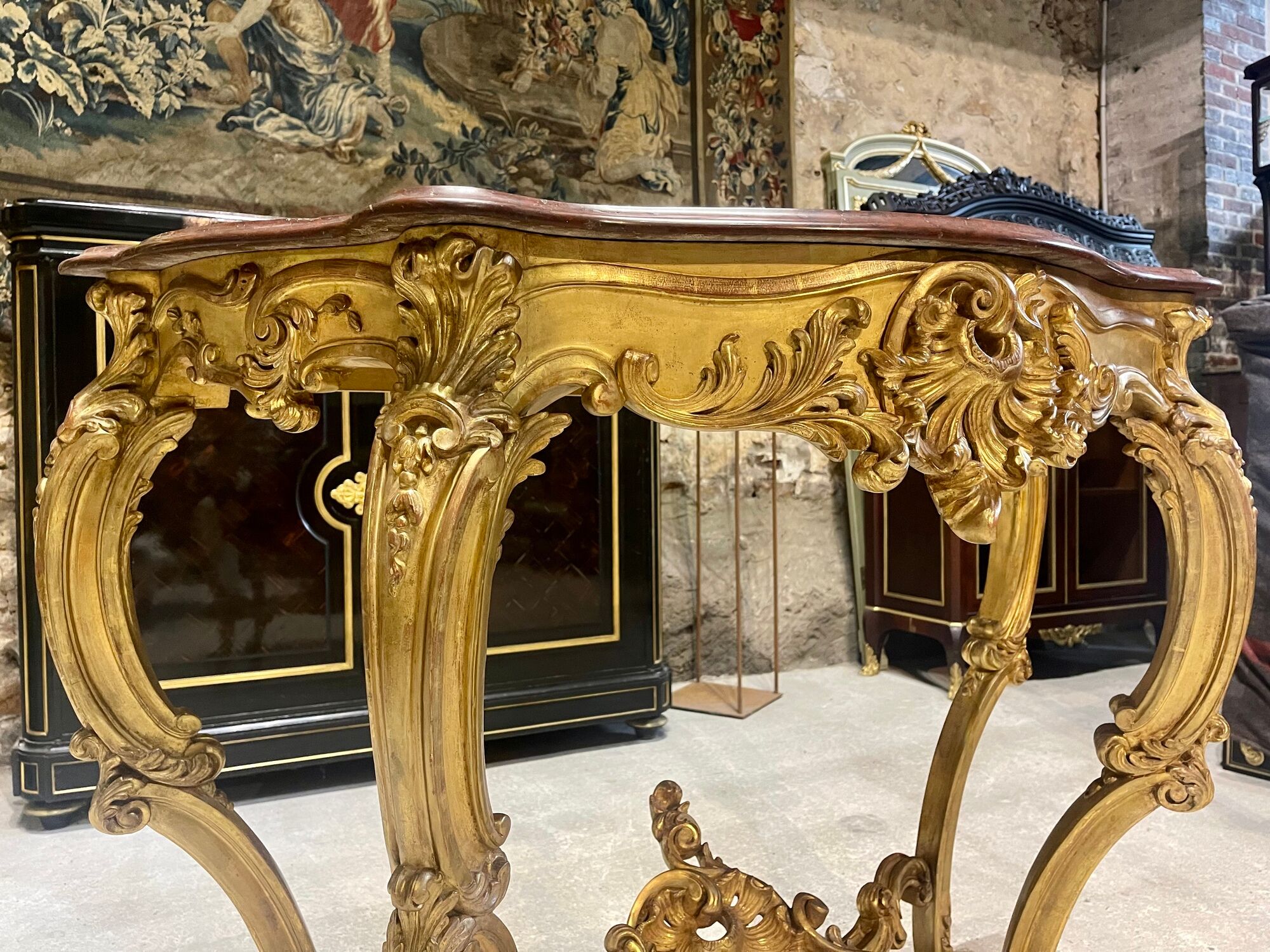 Console 4 legs Louis XV style Gilded wood period Napoleon III Griotte marble top