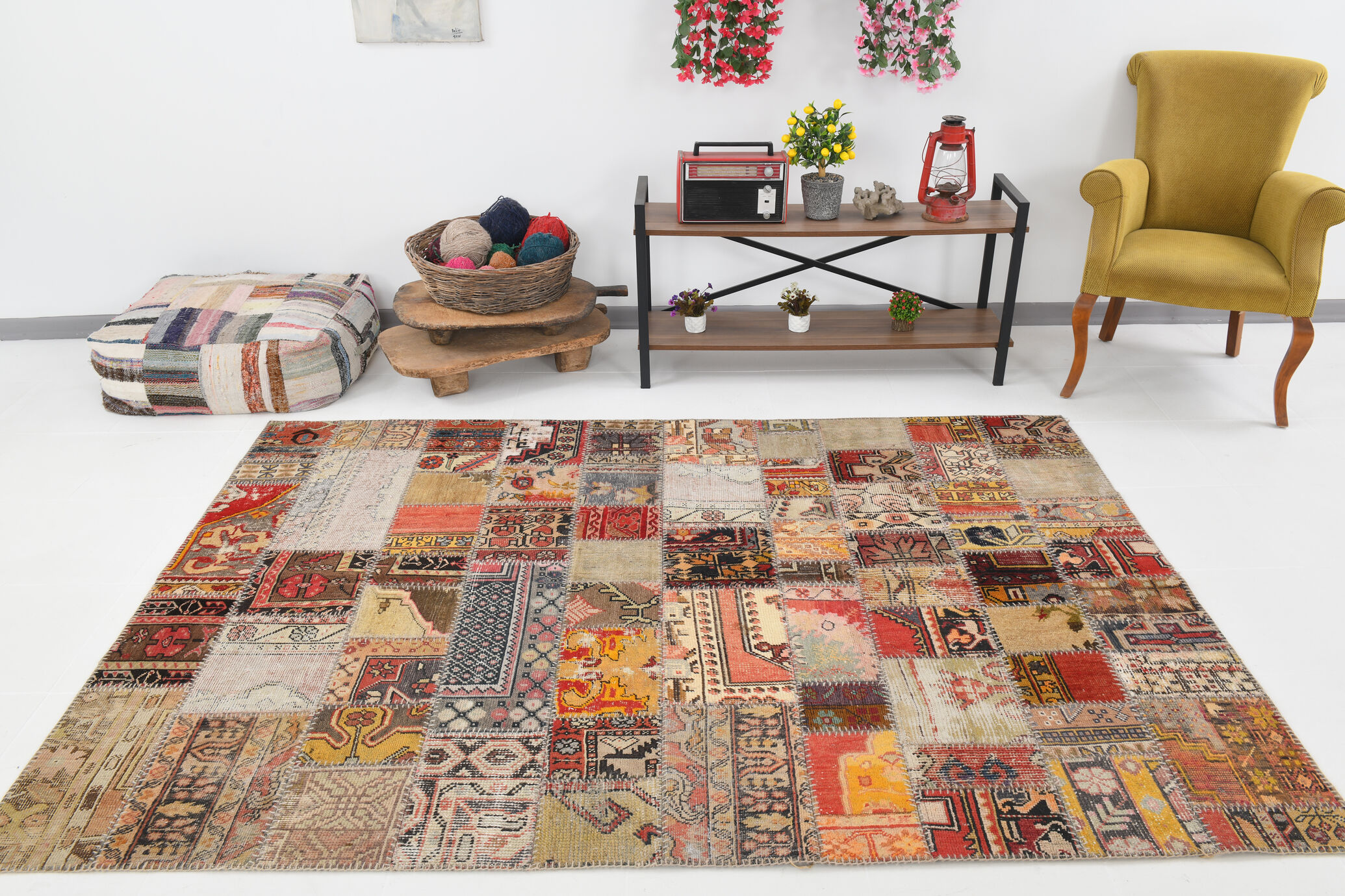 5x8 Handknotted Red Turkish Patchwork Rug, 242x173Cm