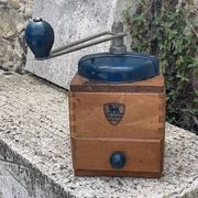 Peugeot Freres coffee grinder in wood and vintage blue metal