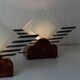 Pair of vintage Murano glass table lamps - sculptural design, triangles and stripes, brown metal bases - Italy 1980s - bedside lamps