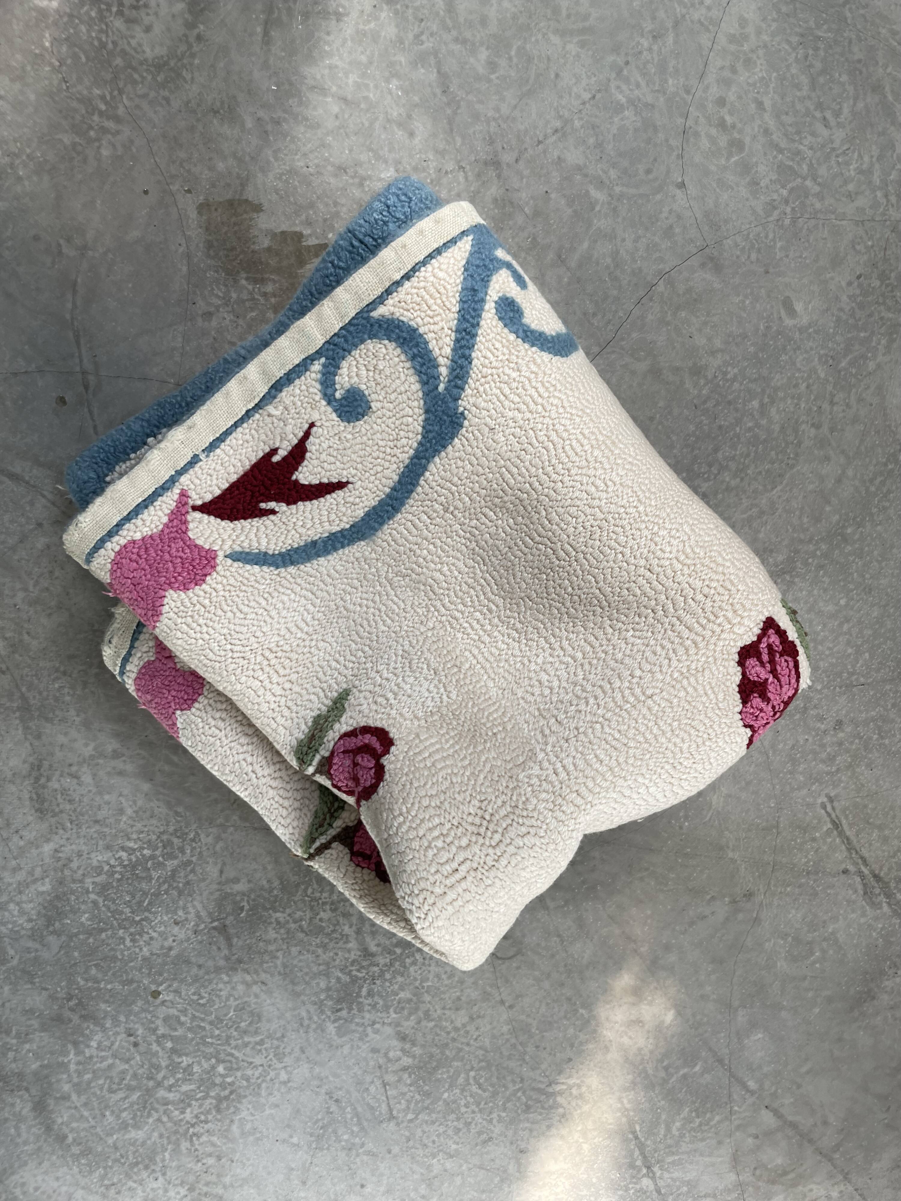 White and blue floral wool rug