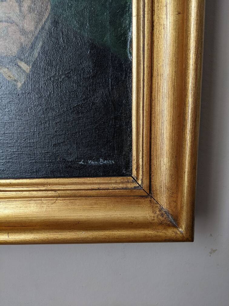 Old oil on canvas portrait of a man from the 20th century, countryside decoration, golden frame