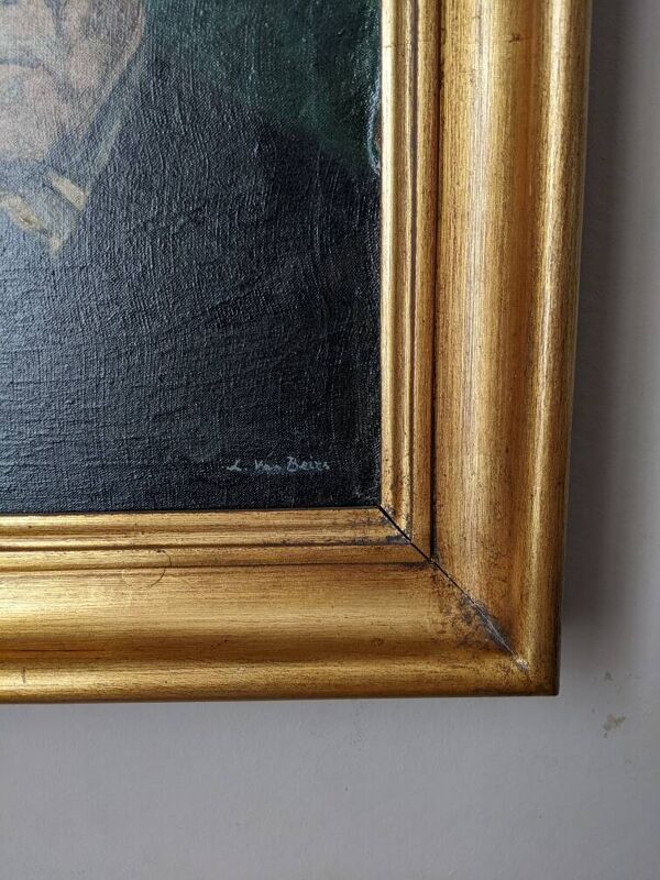 Portrait ancien huile sur toile homme XXème décoration campagne cadre doré