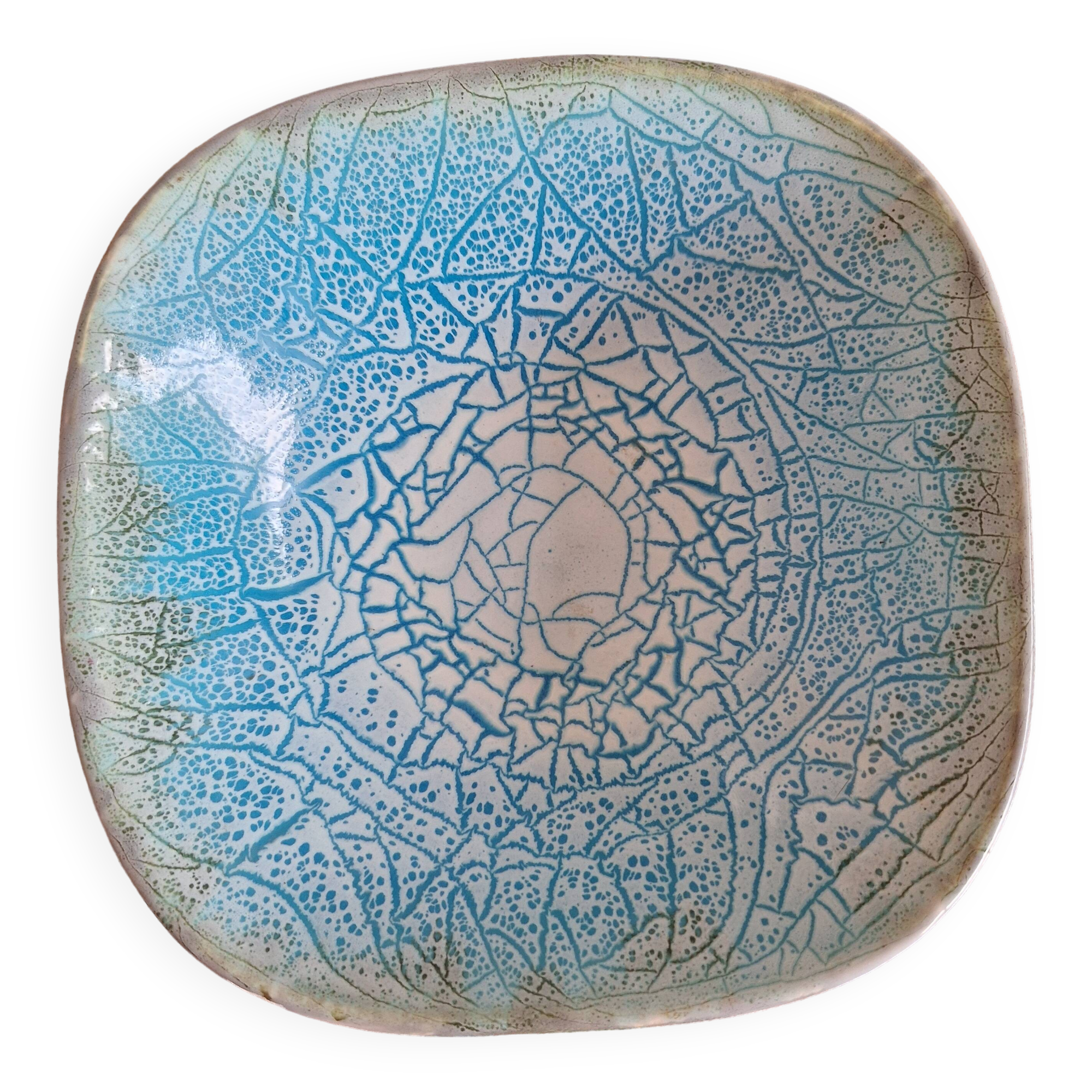Square dish salad bowl bowl keraluc quimper ceramic turquoise blue cracked effect stamped with u