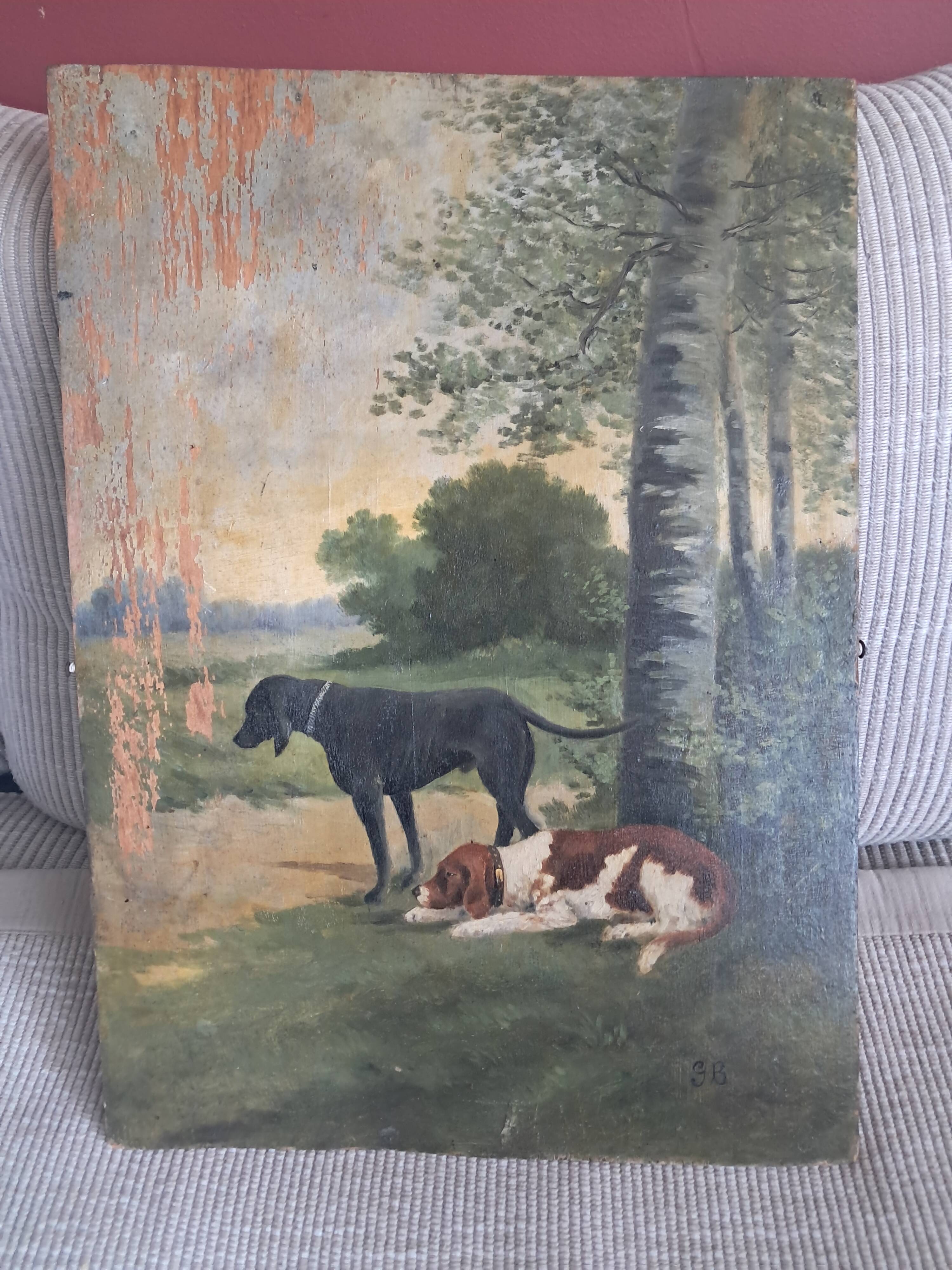 Tableau ancien représentant un paysage avec des chiens