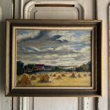 Oil on panel haystacks 20th century whitewashed frame