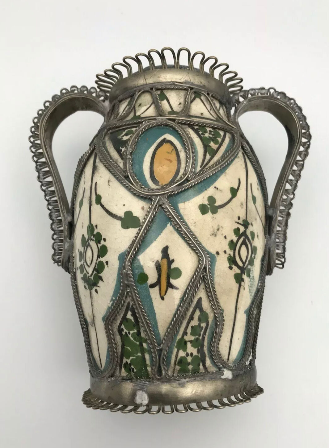Old safi pottery vase in polychrome paint and metal sculpture décor 14 cm