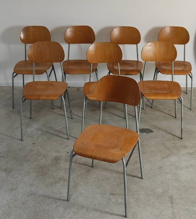 Set of 8 industrial style school chairs, Czechoslovakia 1950