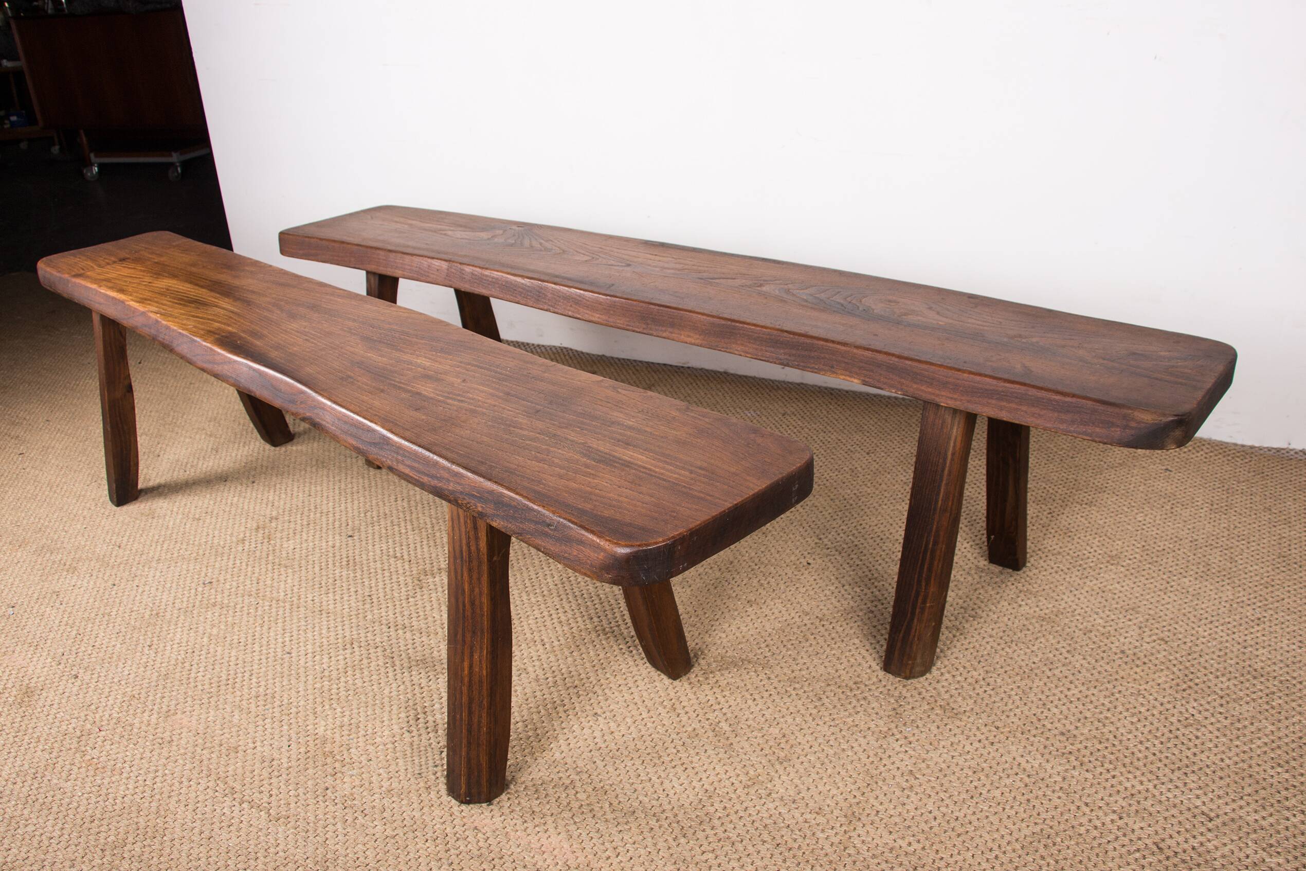 Pair of Scandinavian benches in Solid Elm by Olavi Hanninen 1960.