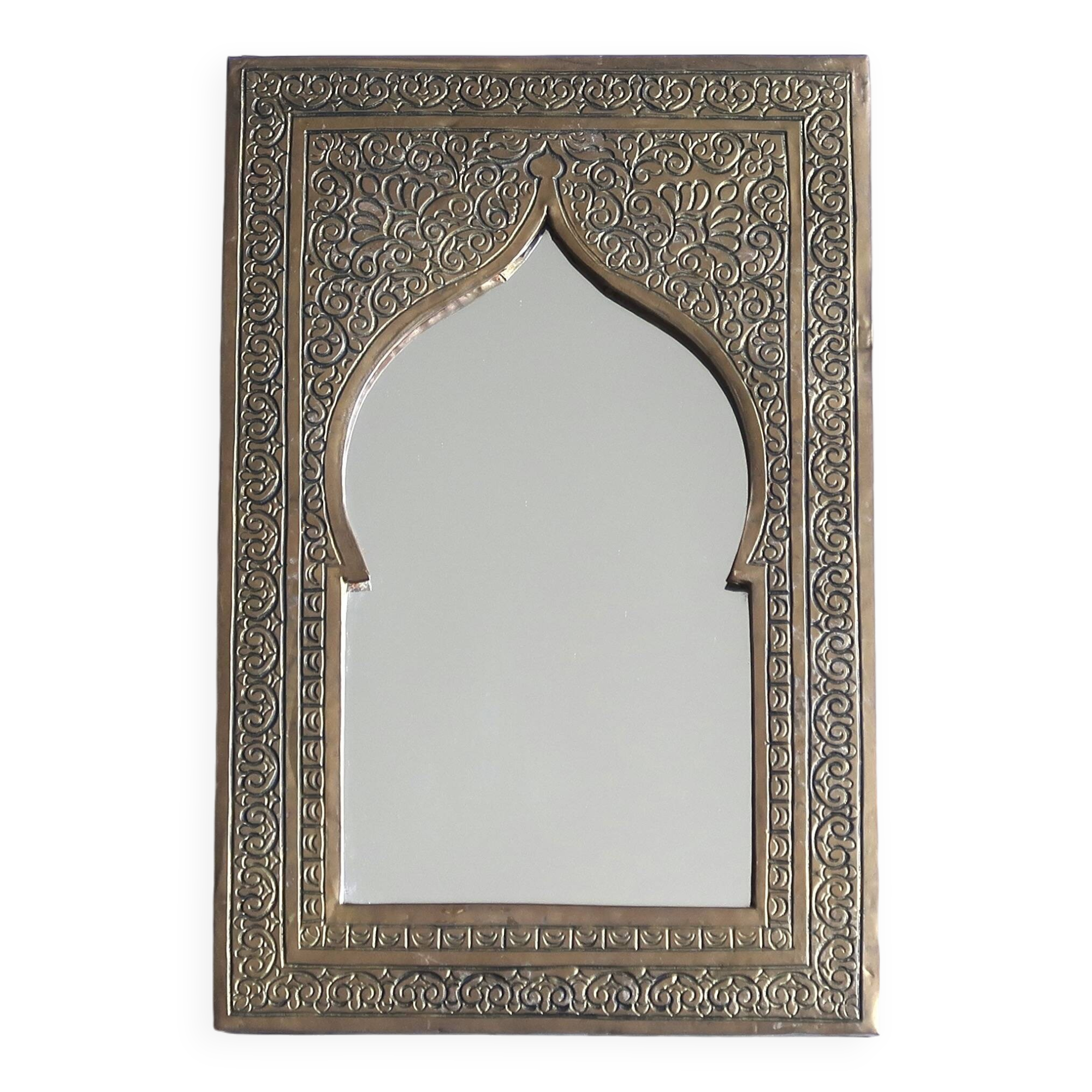 Rectangular Moroccan mirror in brass resembling a door, 1970s.