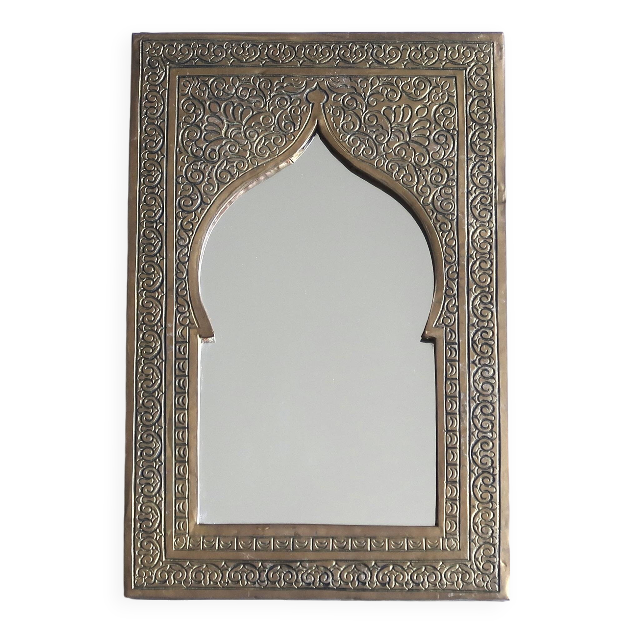 Rectangular Moroccan mirror in brass resembling a door, 1970s.
