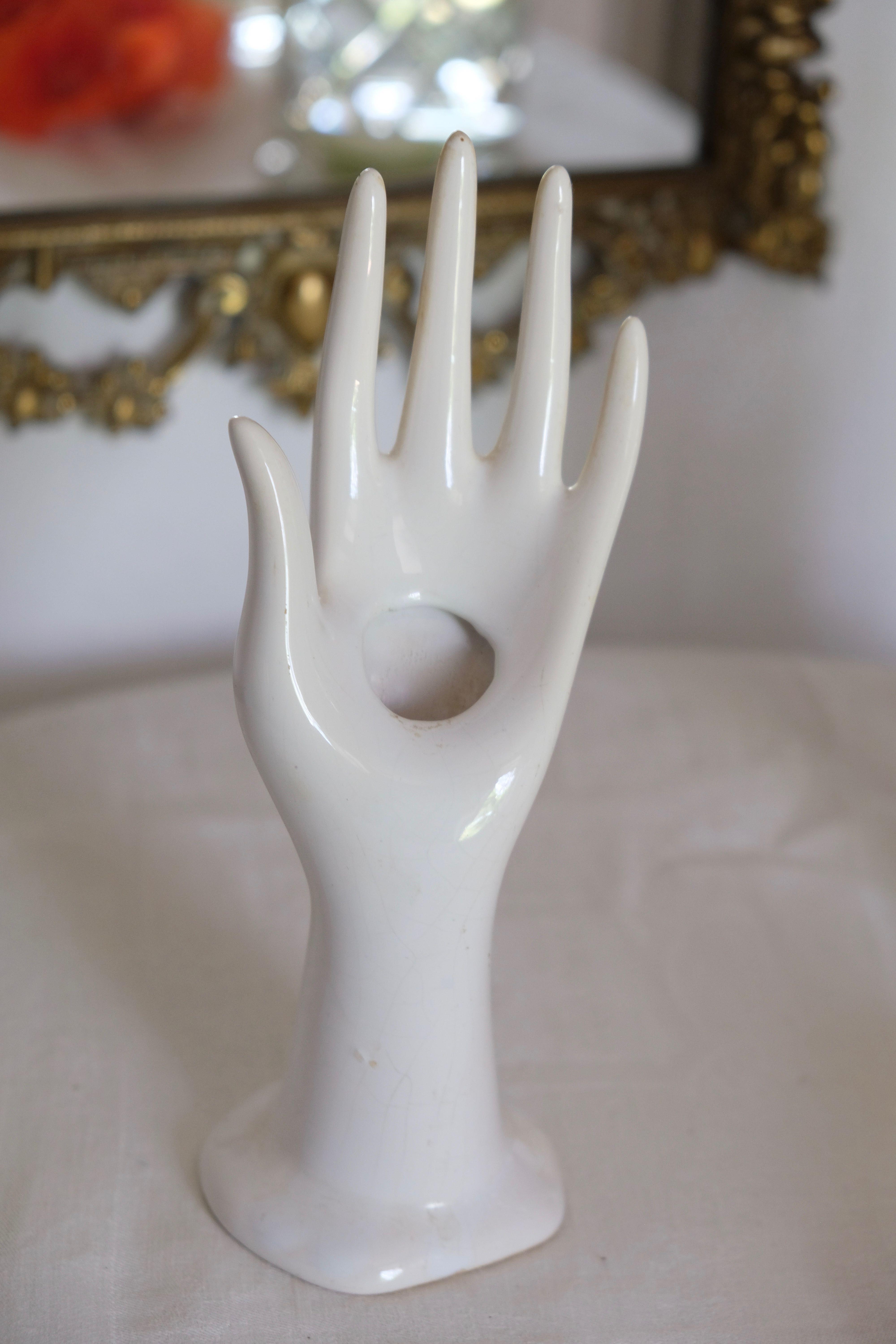 Hand baguier jewelry display or white porcelain vase 70s Vallauris