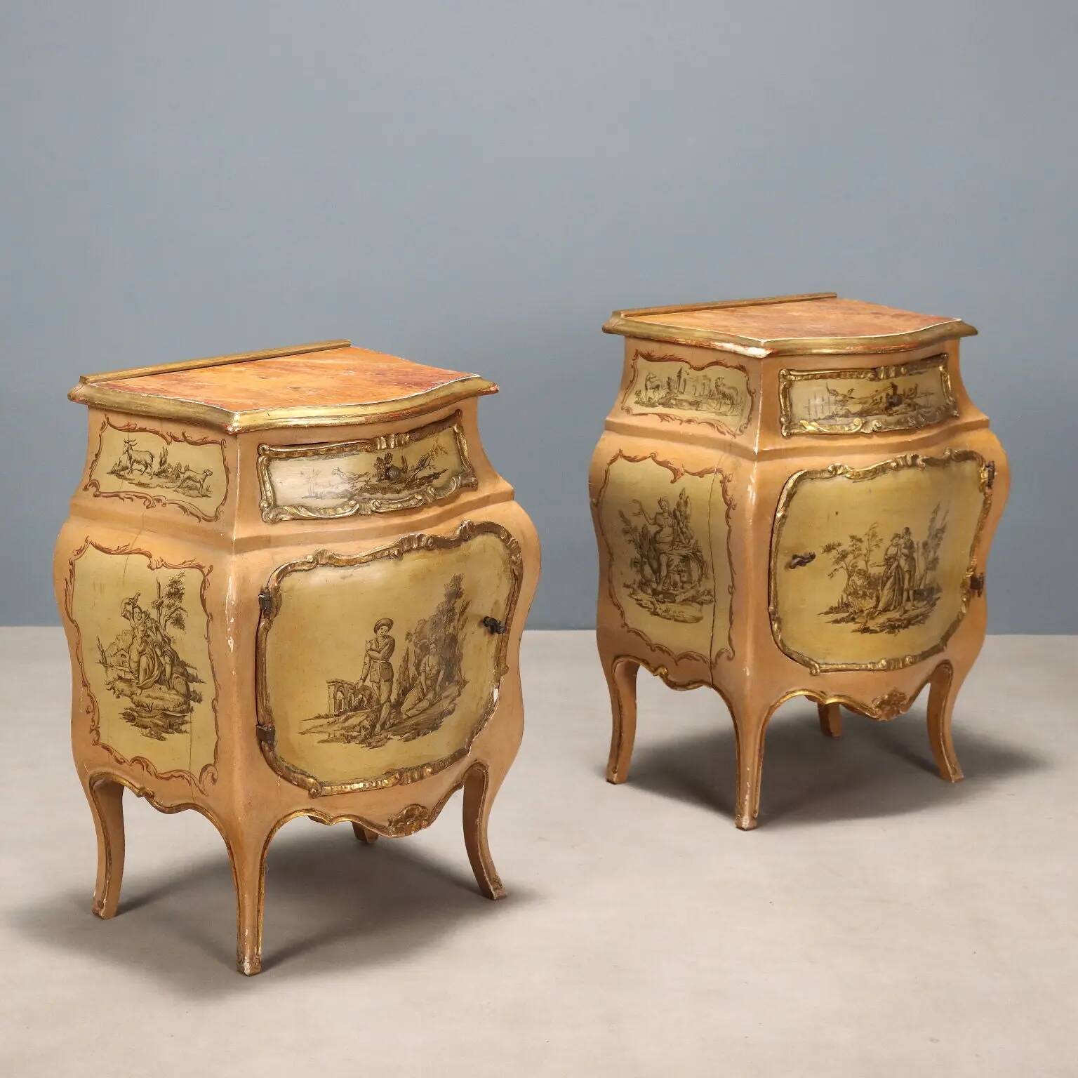 Antique bedside tables in Baroque style, wooden, Italy, 20th century.
