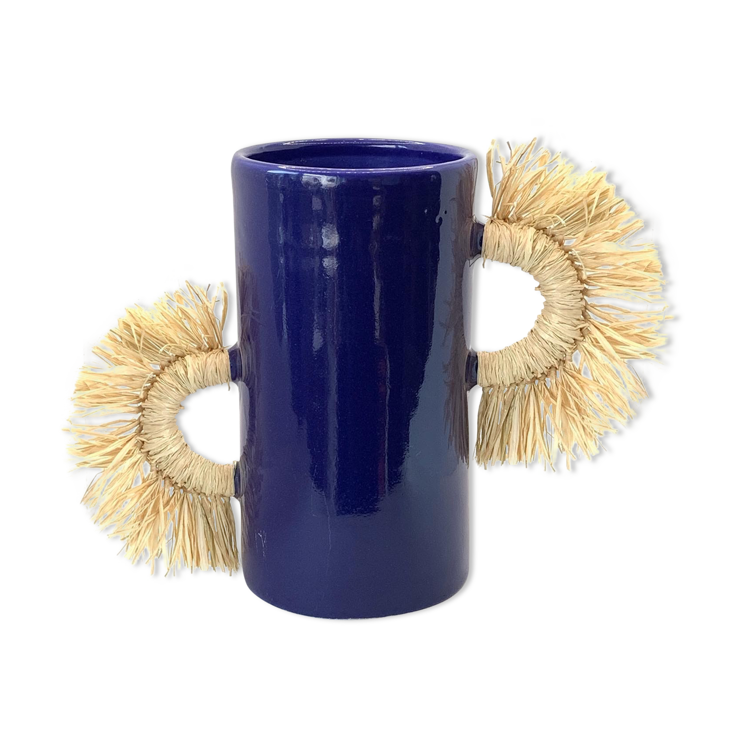 Tube vase with raffia handles