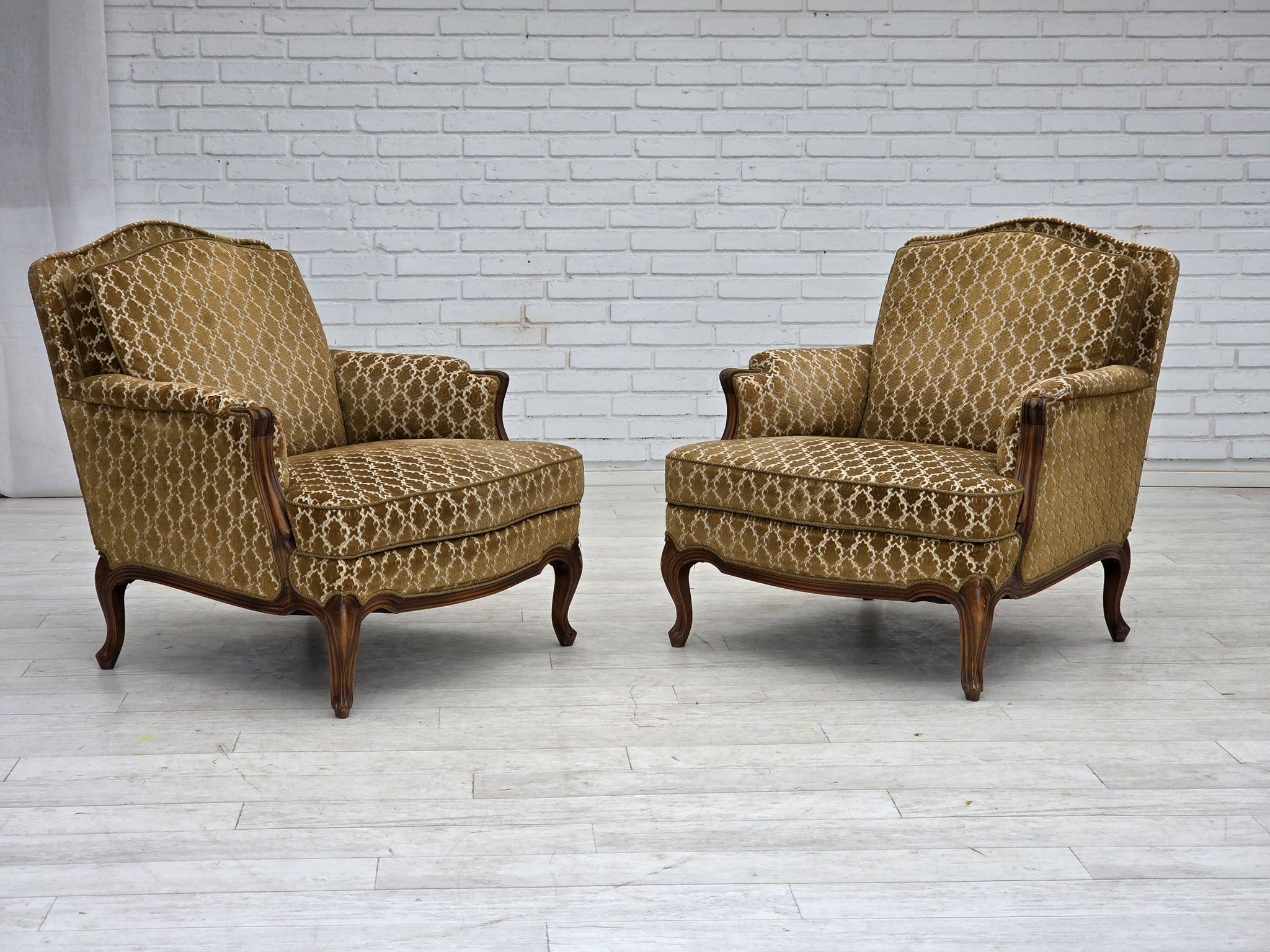 1950s, Danish relax chair, furniture velour, carved ash wood.