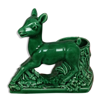 Cache pot biche signé paon vert vintage ancien