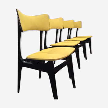 4  yellow lacquered wood chairs and vinyl 1950