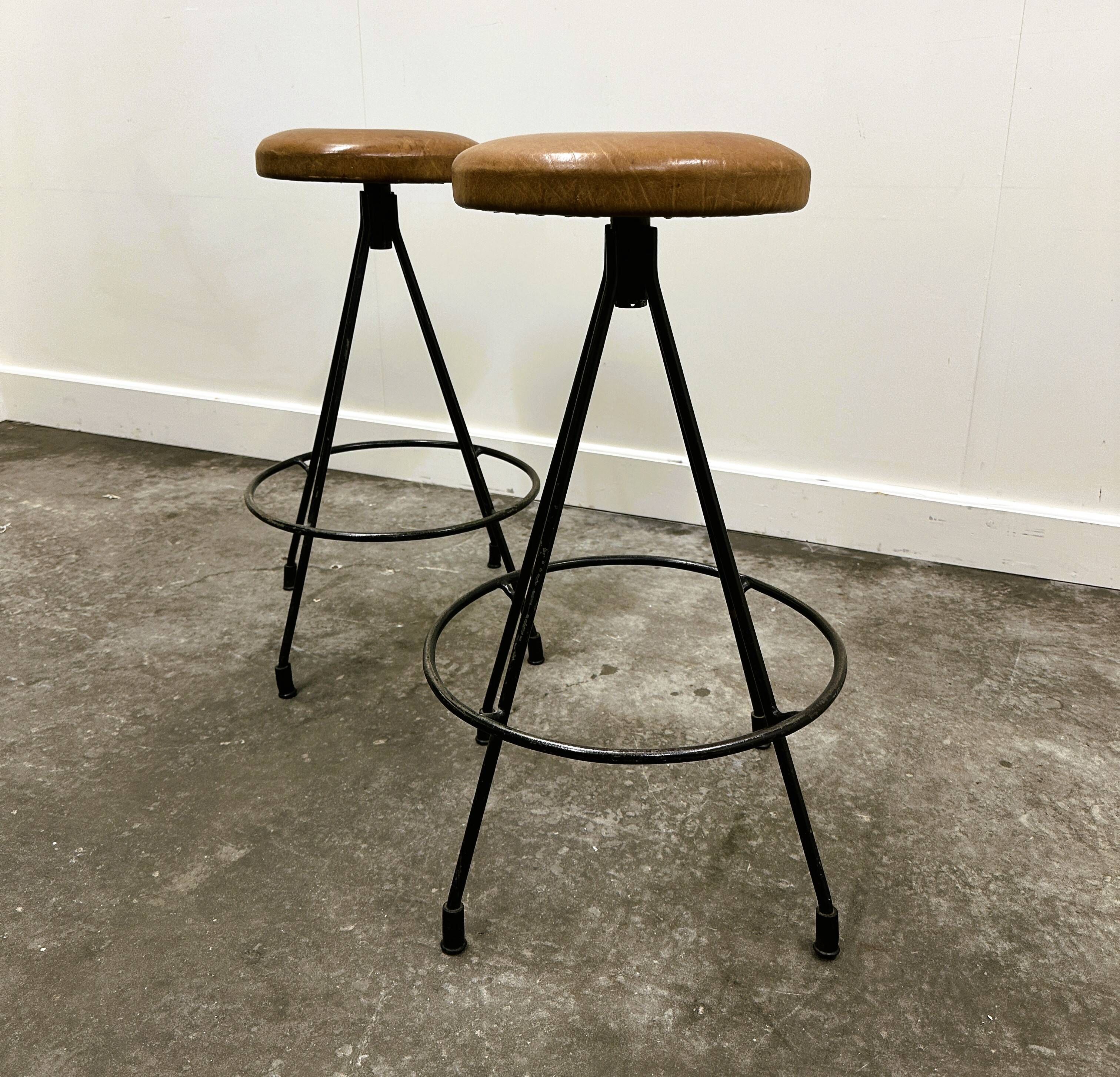 Pair of Industrial Vintage Metal Frame Bar Stools, France 1970s.