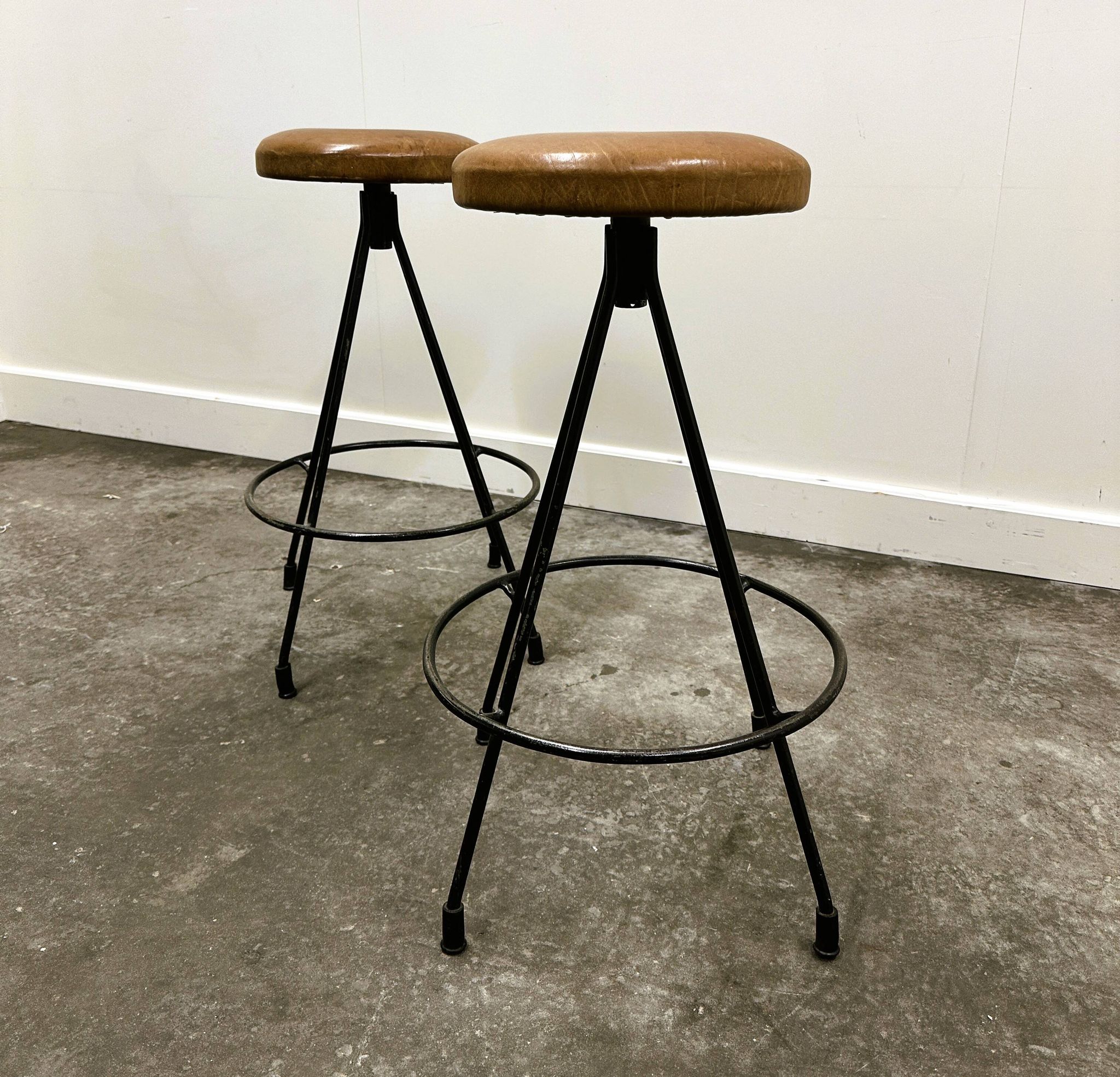 Pair of Industrial Vintage Metal Frame Bar Stools, France 1970s.