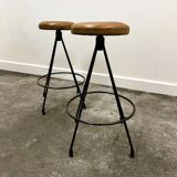 Pair of Industrial Vintage Metal Frame Bar Stools, France 1970s.