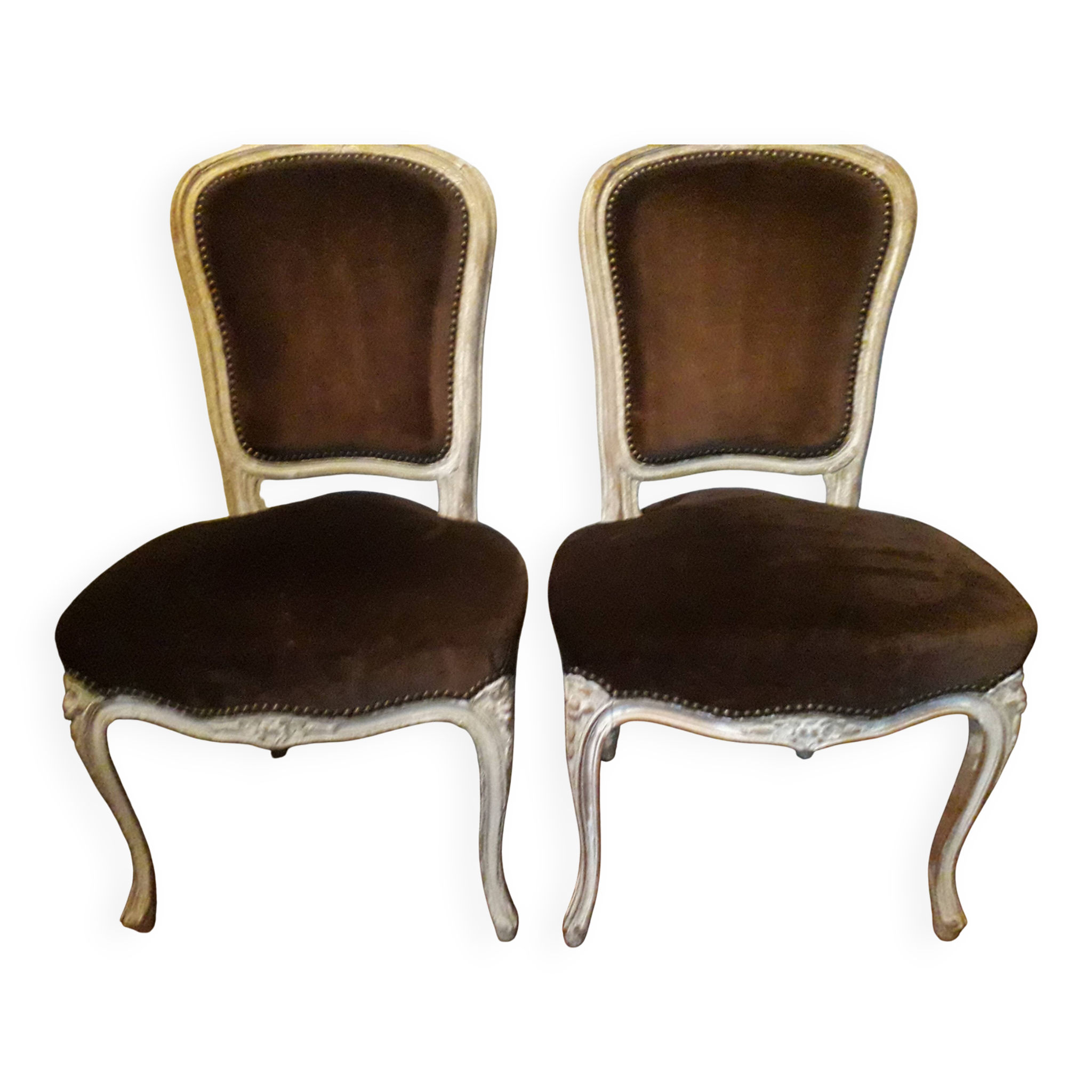 A pair of Louis XV style armchairs in wood and velvet fabrics