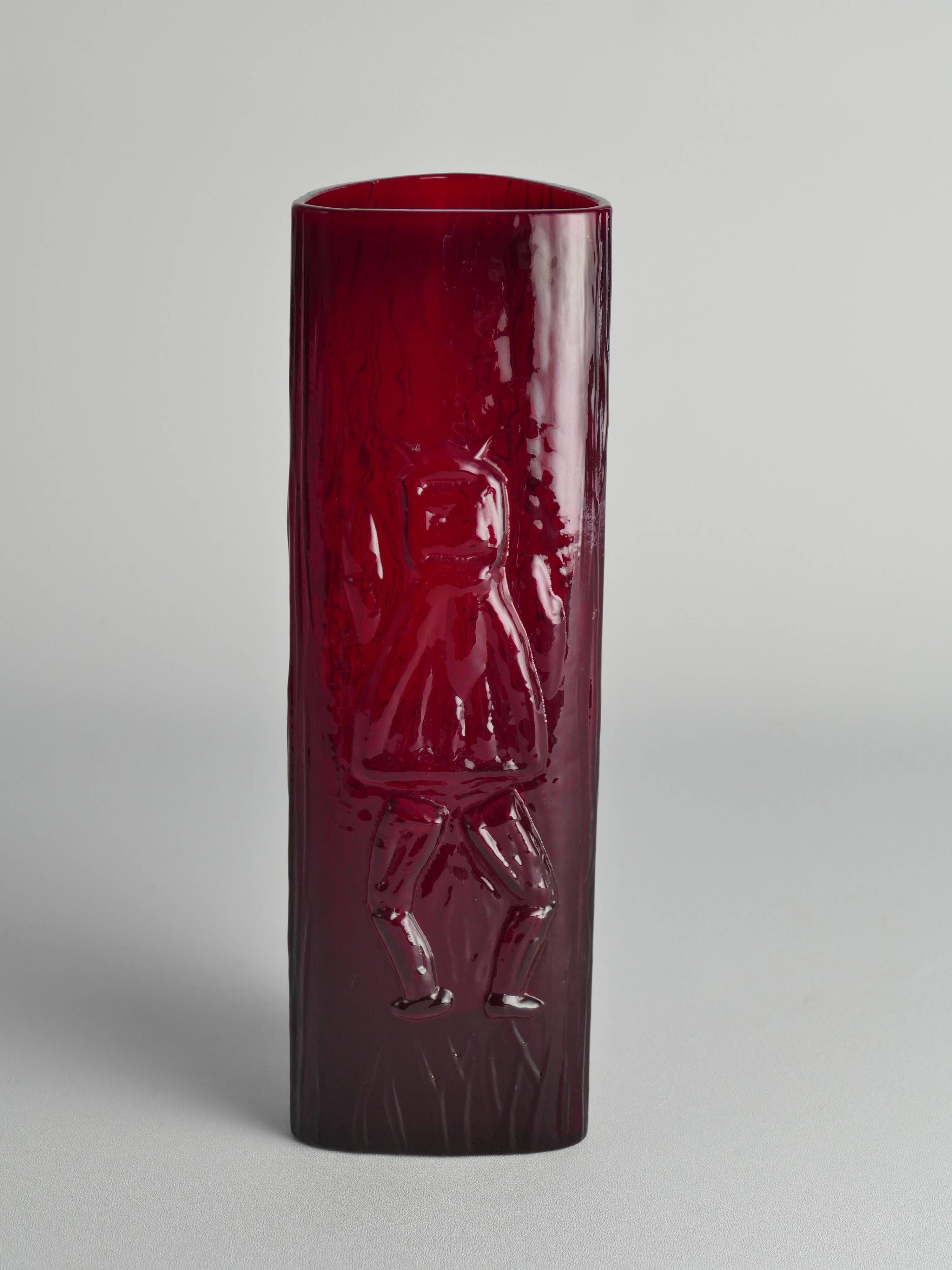 Swedish Red Devil Triangular Glass Vase by Christer Sjögren for Lindshammar
