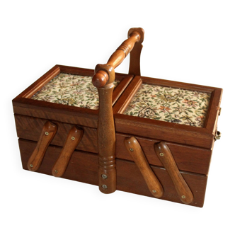 Foldable small wooden sewing basket with inside-lining, vintage from the 1960s