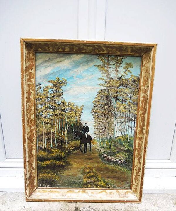 Ancien tableau huile sur toilé signée & encadré : cavalier seul