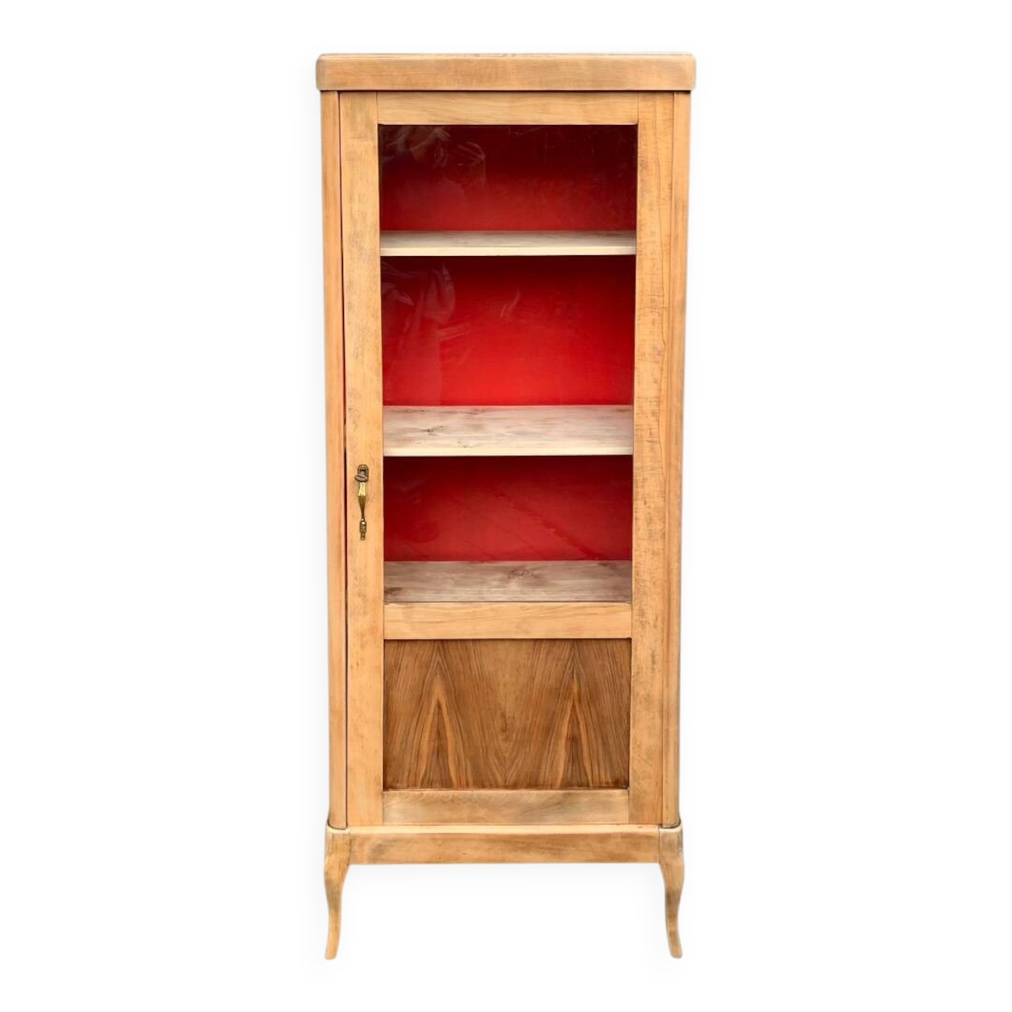 Vintage glass-fronted cabinet, raw wood, 1950s