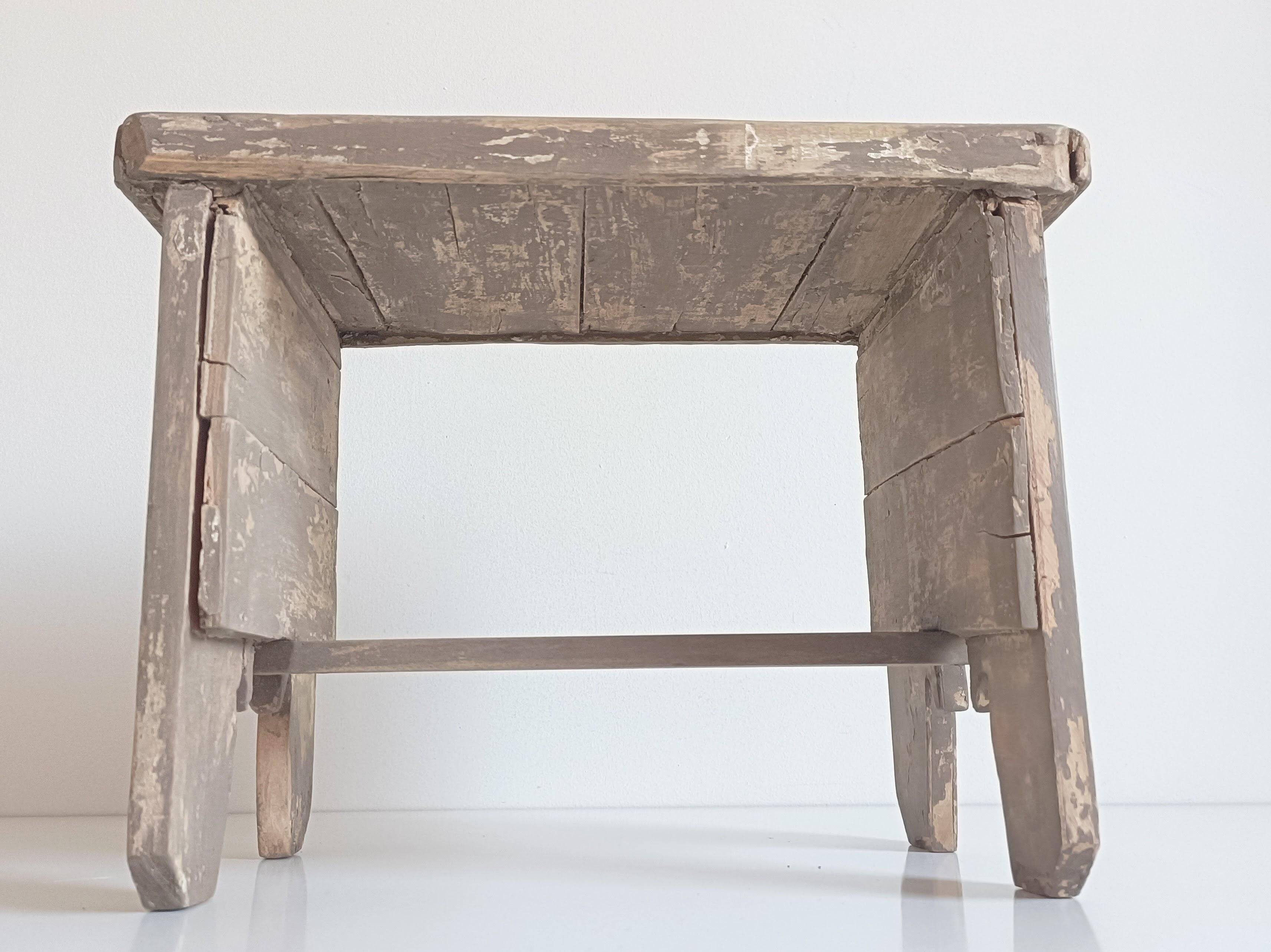 Rustic Weathered Wood Farm Stool/ Accent Table, Spain,  Early 20th-C