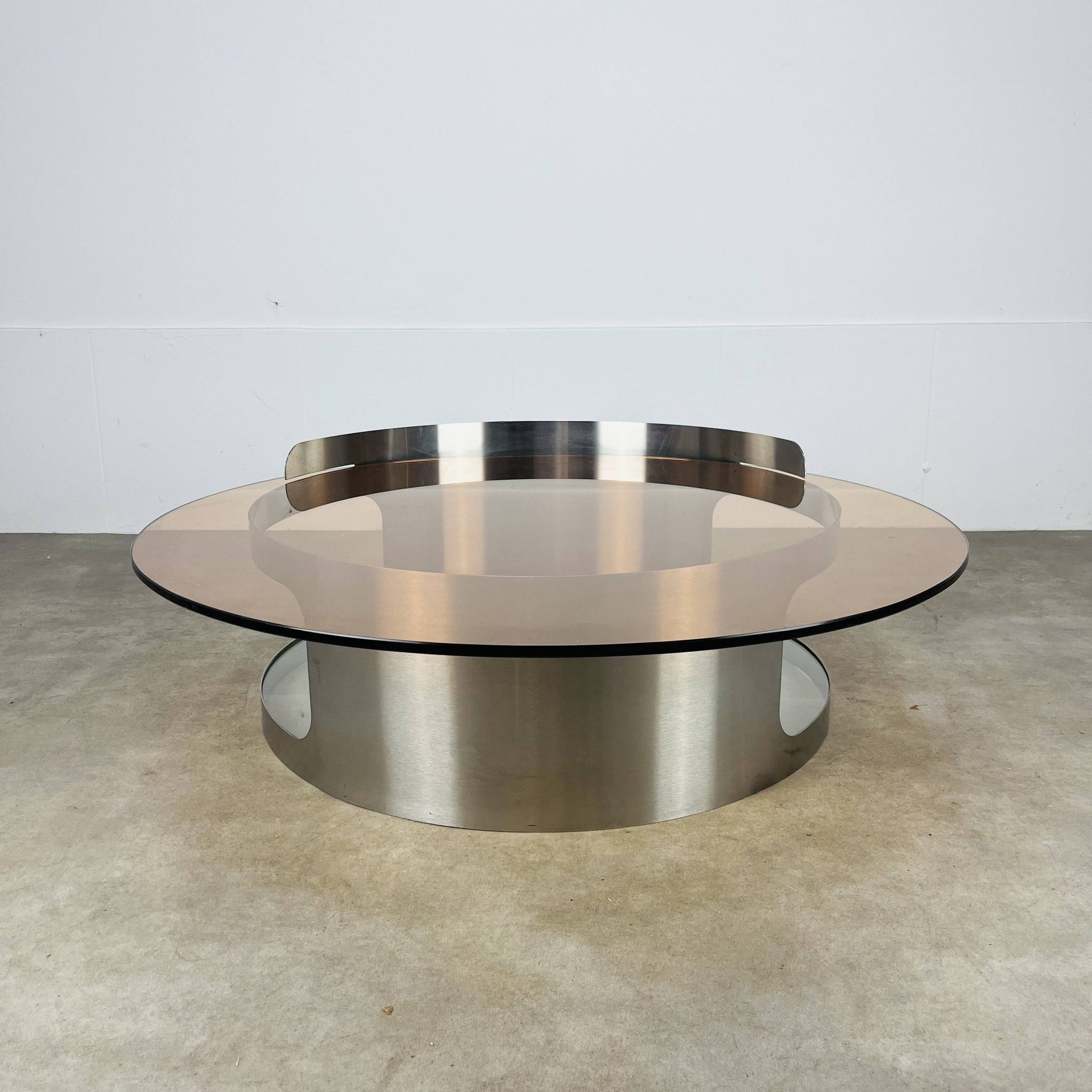 Kappa coffee table in steel and smoked glass, Maria Pergay style, 1970s.