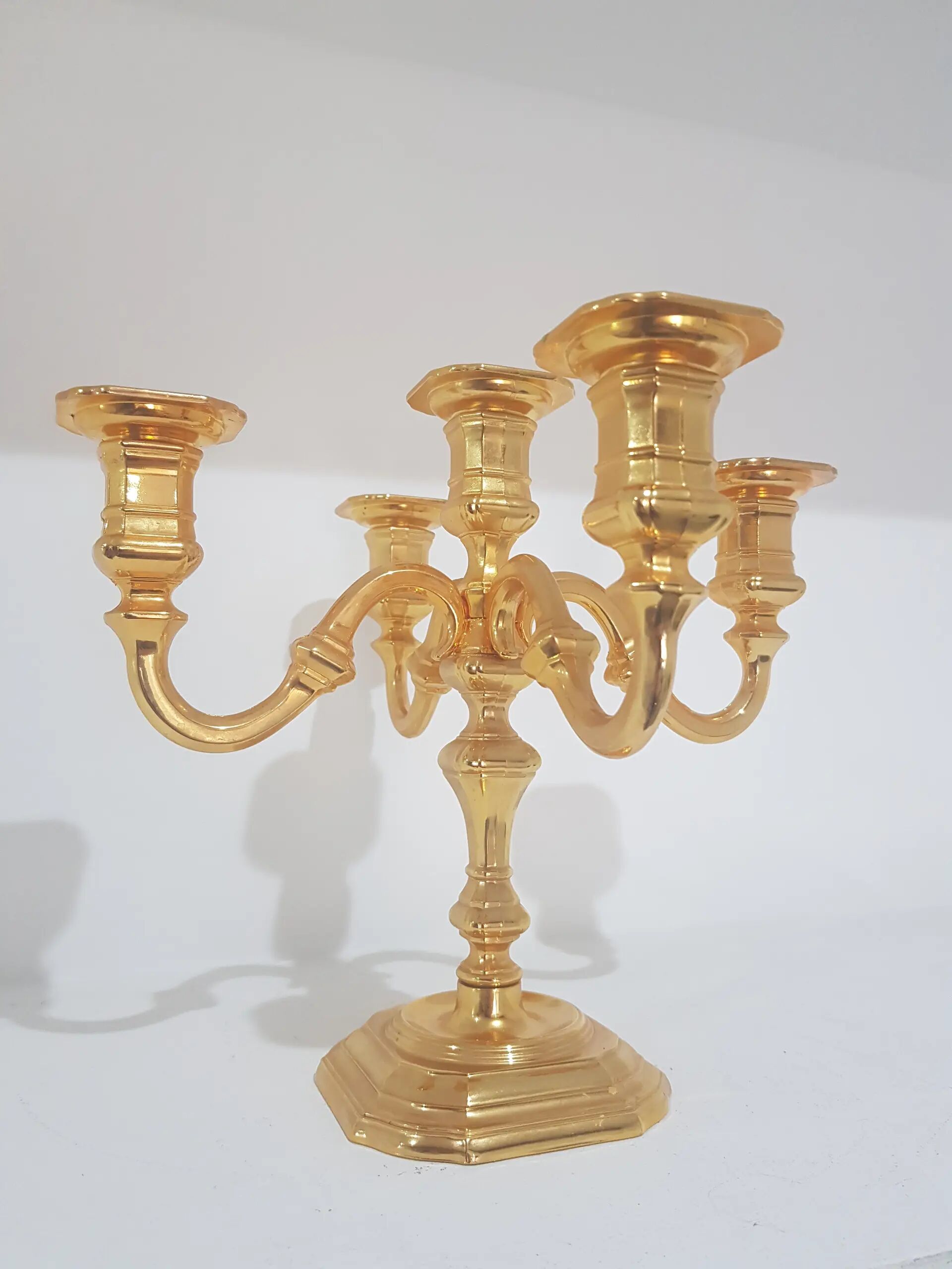 Five-branch chandelier, Hollywood Regency, gilded brass, BMF, Germany, 1960s.