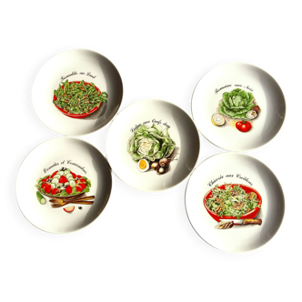Five French Salad Plates. Mid Century Modern Salad Recipe Plates.