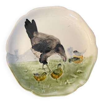 19th century plate Choisy Le Roi Majolica Decor Sparrows and his chicks