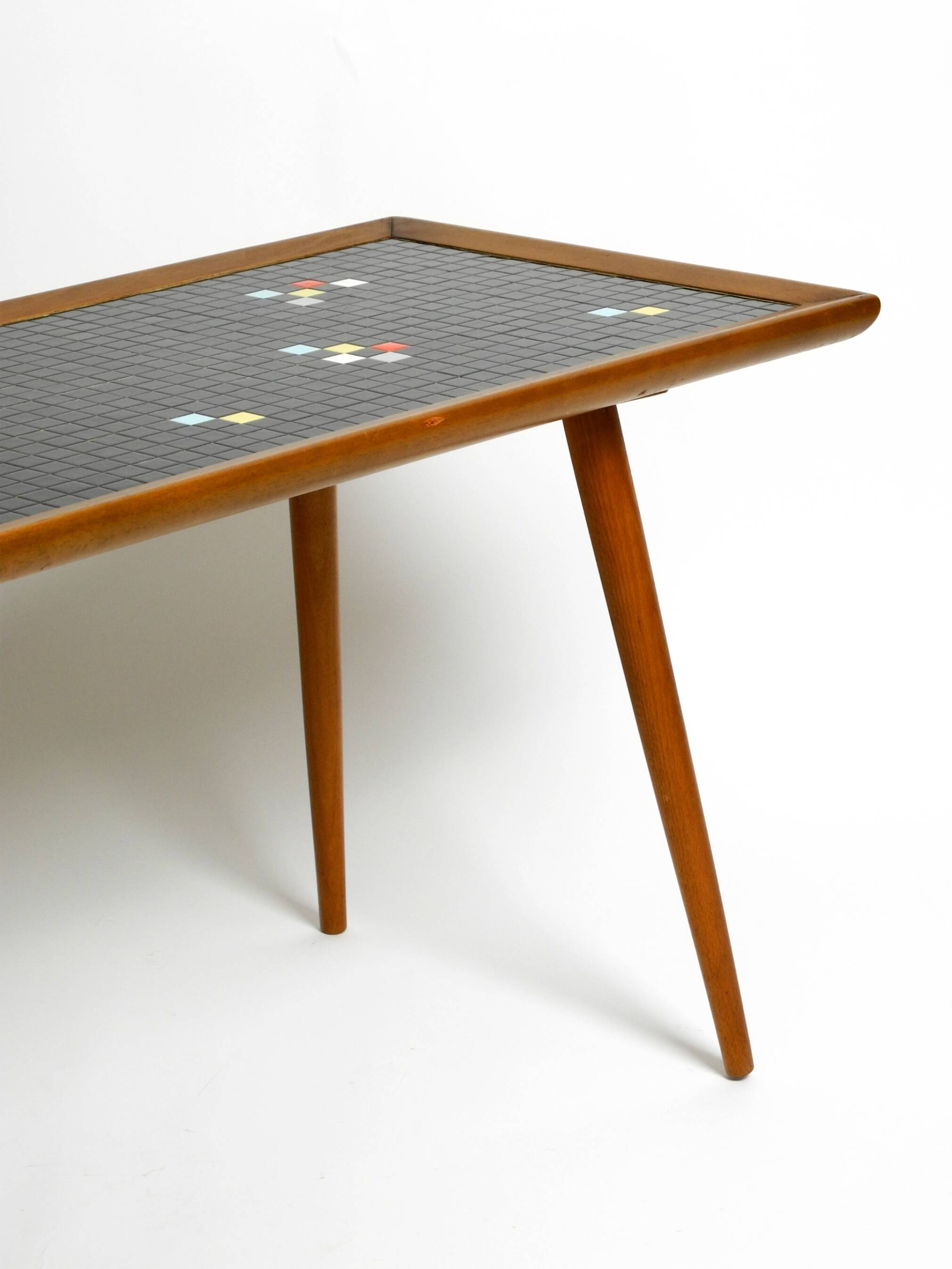 Beautiful long Mid Century walnut wood coffee table with a mosaic surface