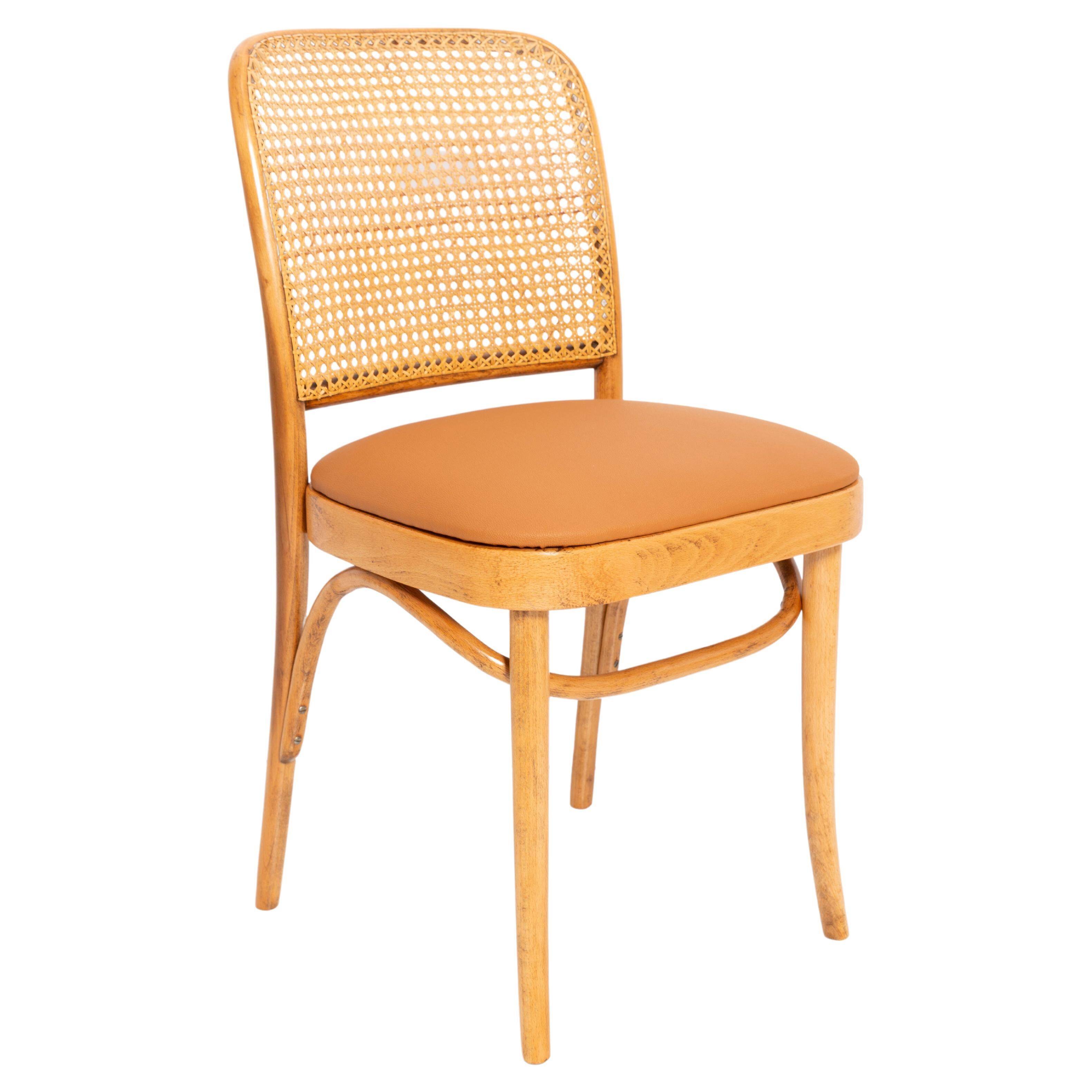 Thonet chair in rattan, camel faux leather and wood - 1960s