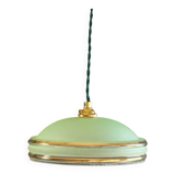 Suspension ancienne années 40 en verre granité vert avec filets dorés, douille et cable neufs