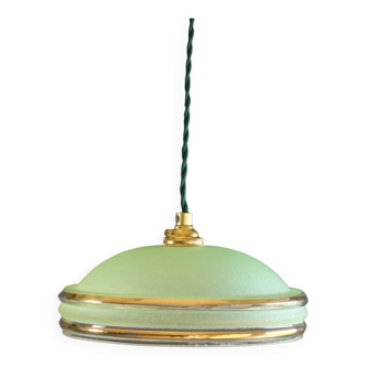 Old 1940s pendant light in green granite glass with gold threads, new socket and cable