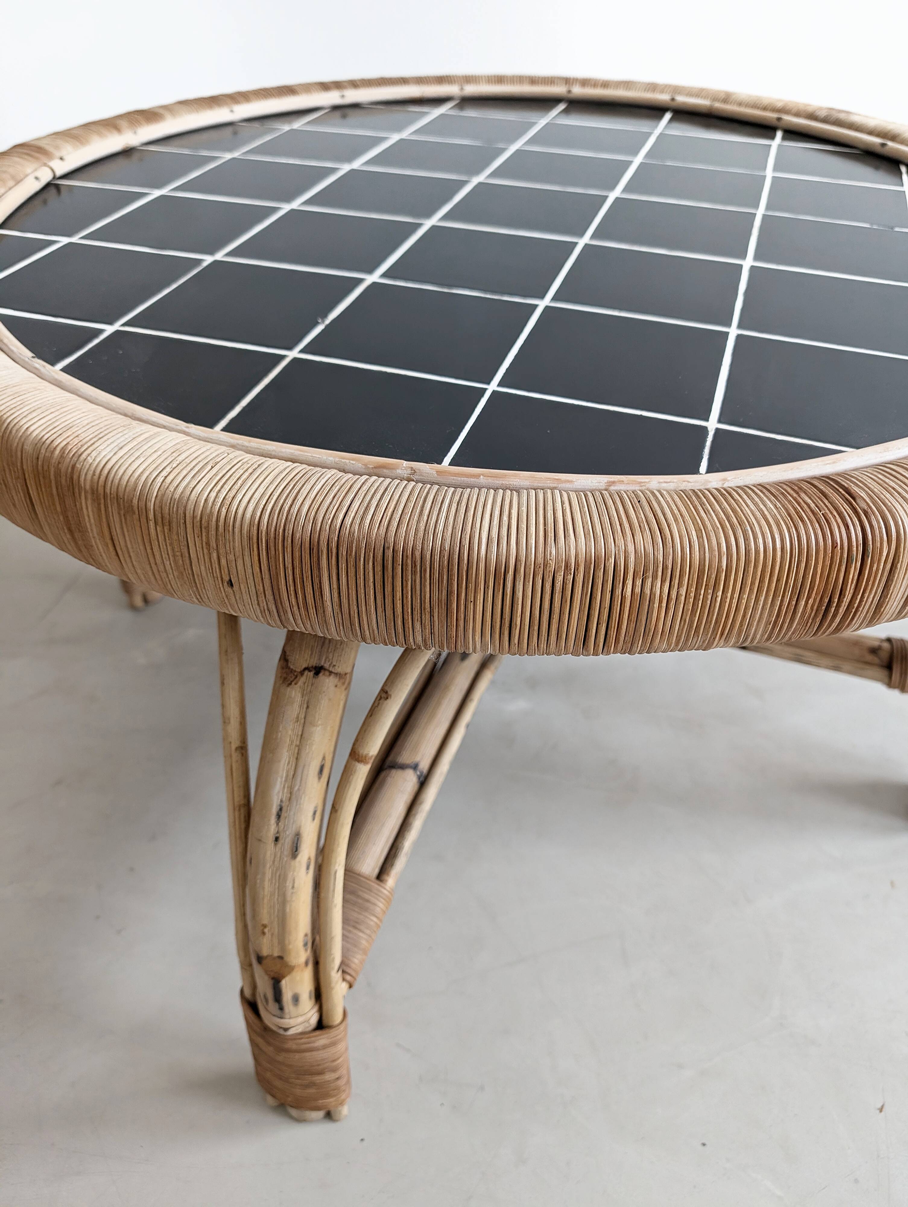 Round Black Tiled Rattan Coffee table 1960s