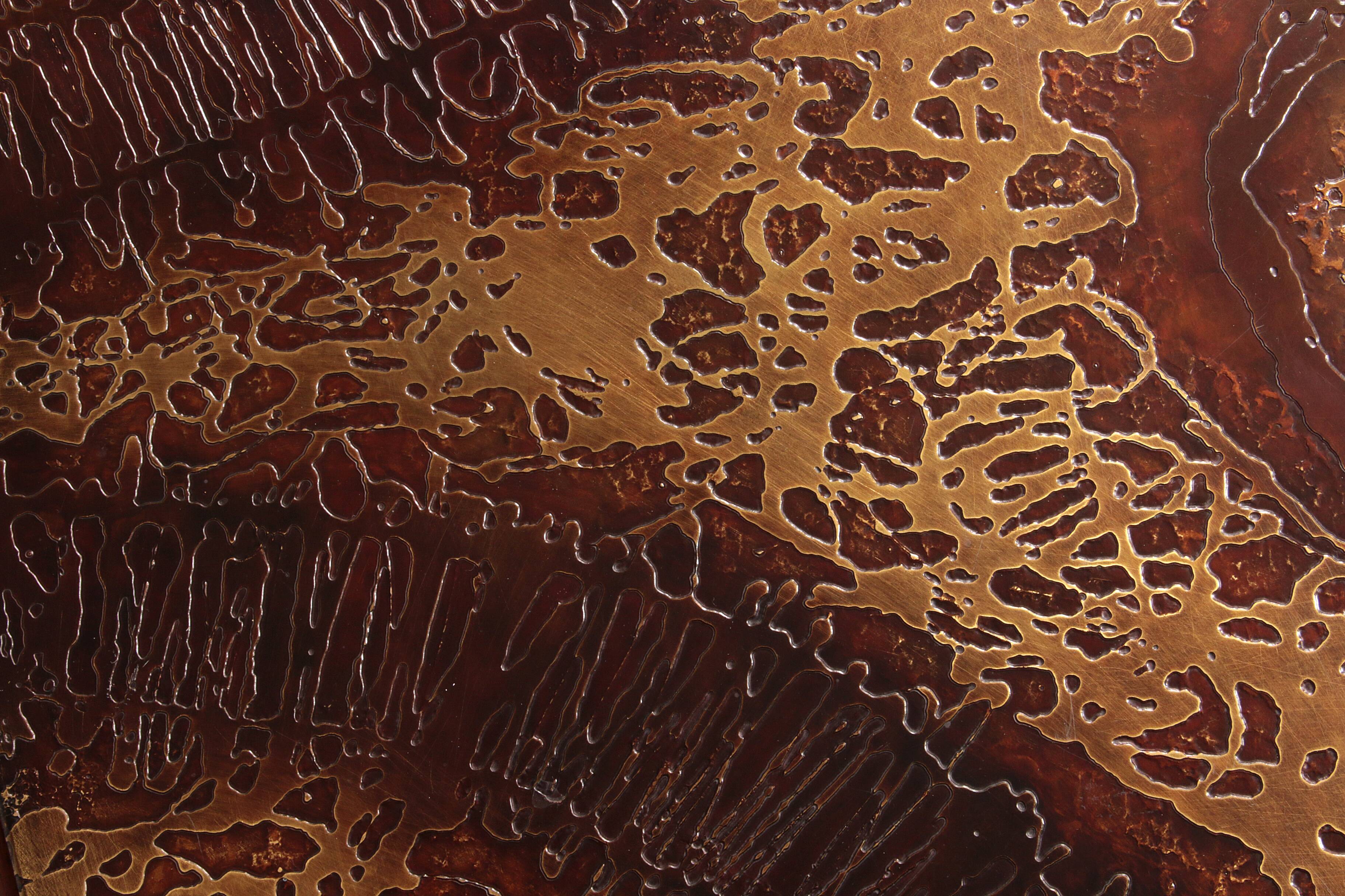 Brutalist Coffee Table with Copper Top and Wooden Base 1970