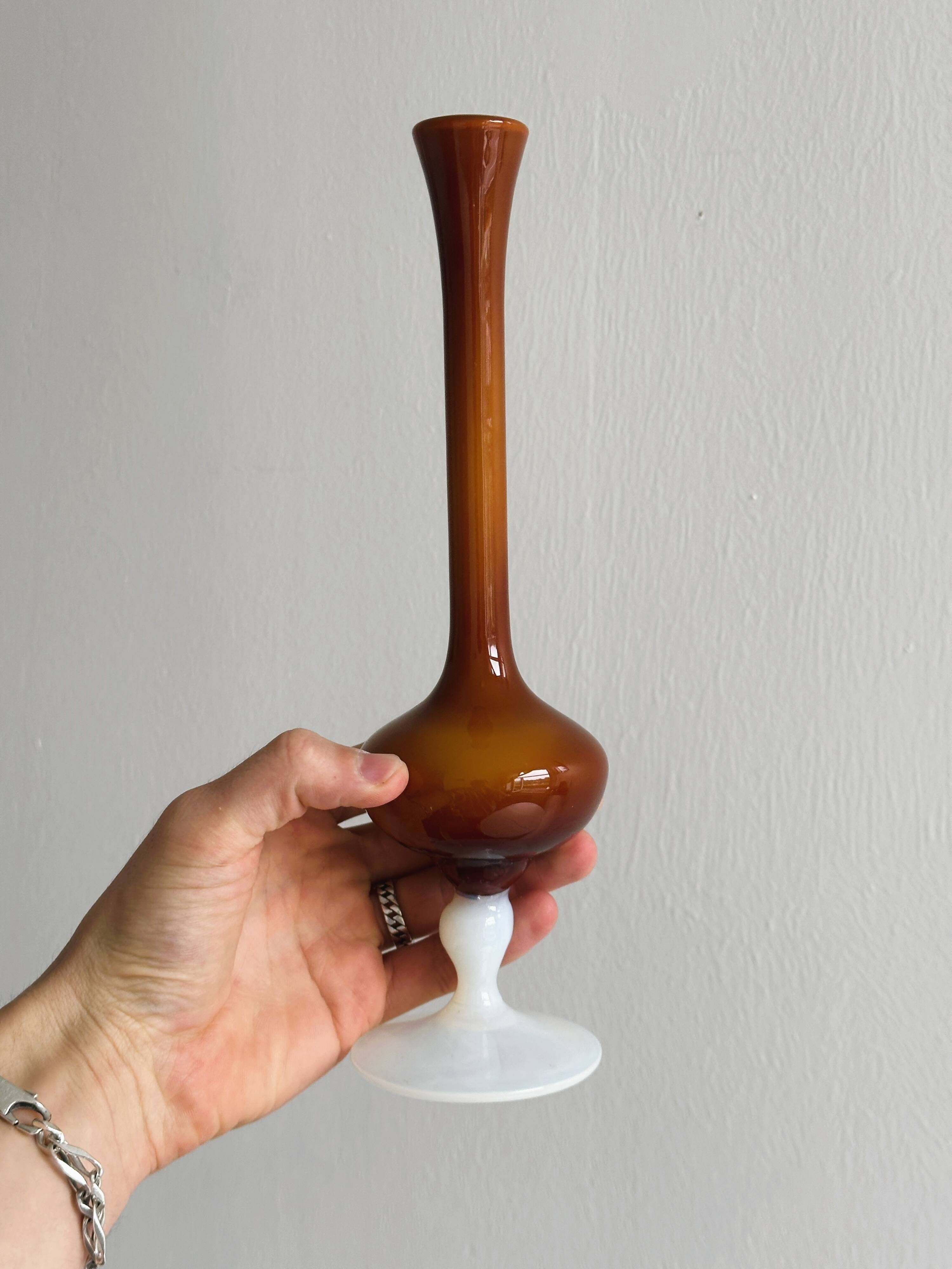 Vintage opaline soliflore vase in two-tone amber and white glass on foot