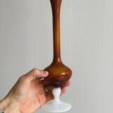 Vintage opaline soliflore vase in two-tone amber and white glass on foot